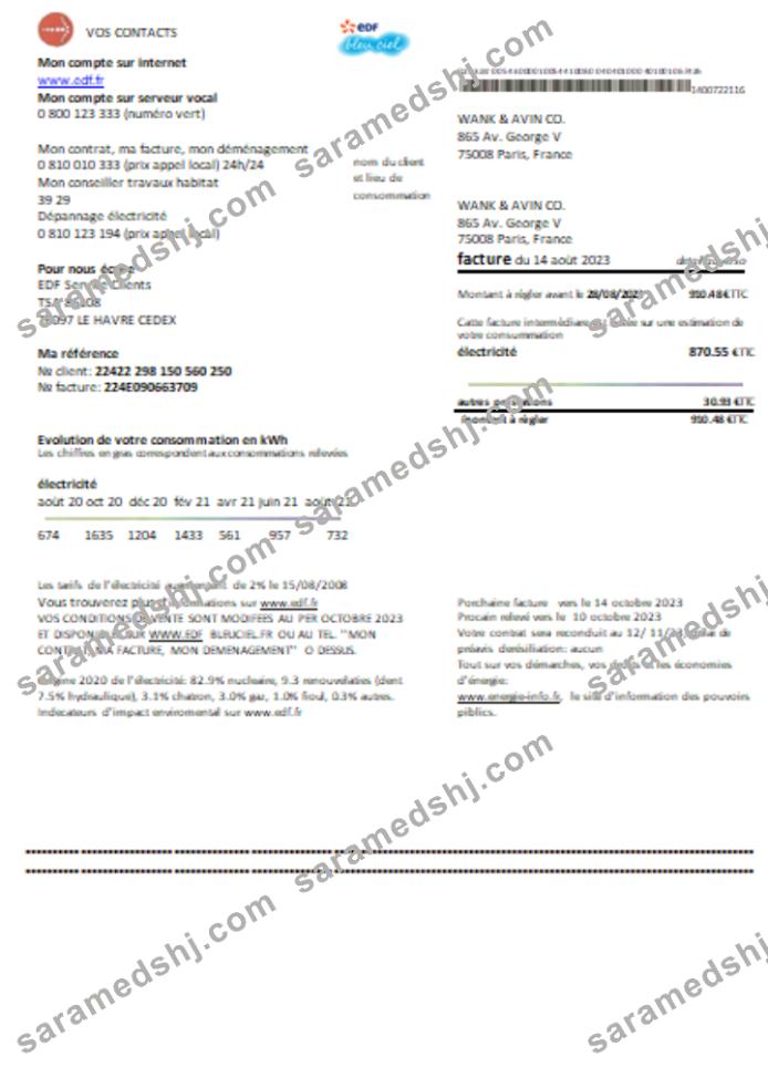 EDF France proof of address utility business bill,  SCR